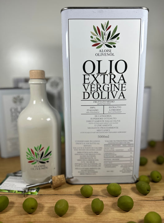 Ölflasche aus Steinzeug & Italienisches Olivenöl Extra Vergine – Kaltgepresst aus Kalabrien (5 l)
